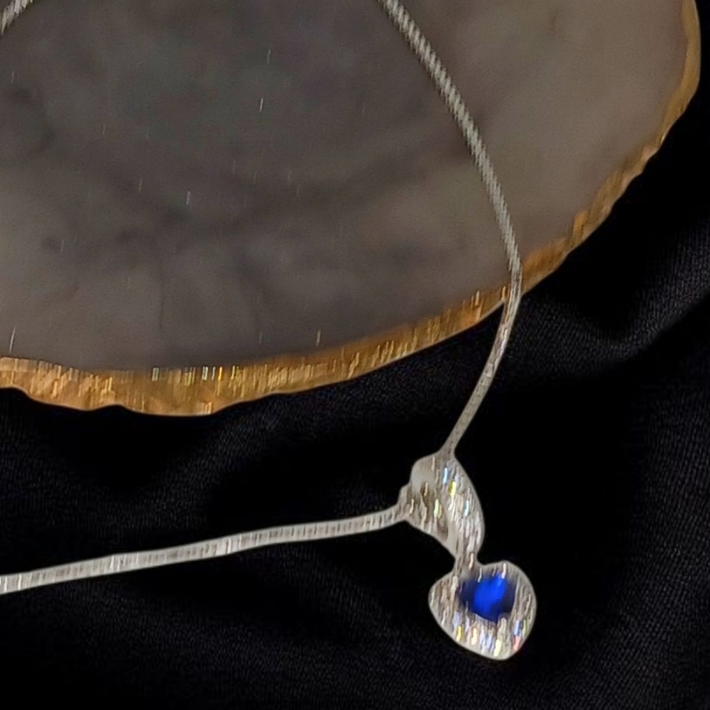 Vintage Sterling Silver Necklace Blue Heart  Pendant Bling Modern Retro Glam 00s